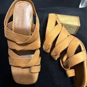 AEROSOLES Cognac Strappy Block Heel Mules